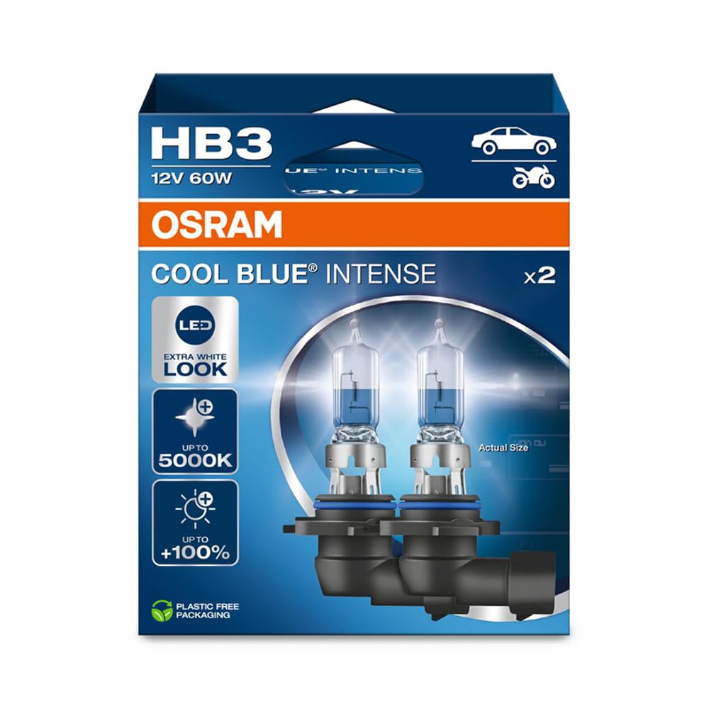 OSRAM COOL BLUE INTENSE HB3, +100% di luminosità in più, fino a 5.000 K, lampada frontale alogena, aspetto LED, scatola pieghevole sospesa (2 lampade)