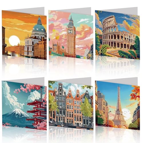 6 PCS Landscape Diamond Art Cards Landscape Painting Exquisite Crystal Art Kits 5D Gemstone Diamond Painting Greeting Cards Kits for Adults