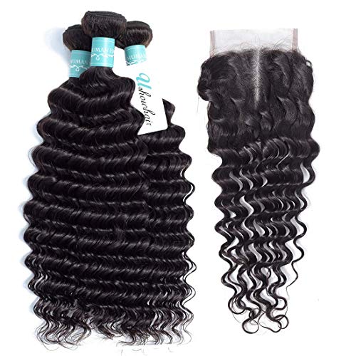 Brazilian Deep Wave Human Hair Bundles with Closure (16 18 20+14) 9A Virgin Unprocessed Brazilian Hair Deep Curly Hair 3 Bundles with Middle Part Lace Closure Mink Human Hair Weave for Black Women