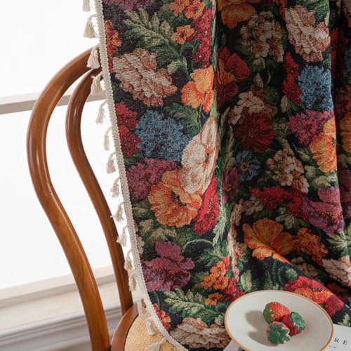 USTIDE Floral Rustic Curtains - Colorful Cotton Tassels Vintage Jacquard Bedroom 1 Panel Semi Blackout Cotton Cottage Style Black, 150x160cm - Image 6