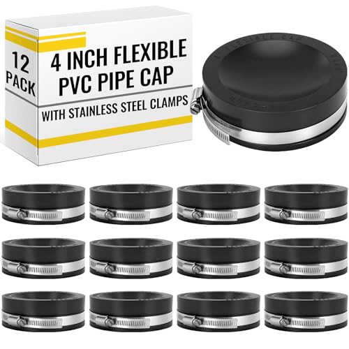 Image of 12 Pack 4 Inch Flexible PVC Pipe Cap with Stainless Steel Clamps - Black Durable End Caps for Drainage, Wastewater & Vent Pipes, Above /below Ground Use