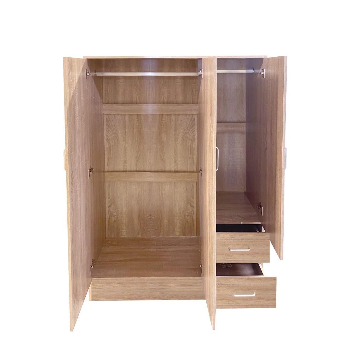 Bissolo Casa Armadio Multiuso Rovere 120x50x170 cm con 3 Ante e 2 Cassetti, Mobile con Tubi Appendiabiti in Laminato, Armadio per Camera da Letto, Ripostiglio e Garage