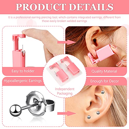 Honoson 6 Pieces Disposable Ear Piercing Gun Kit with Earrings - Self Ear Piercer for Men and Women, Portable Body Piercing Tools, Includes Studs (Pink, Bead Style)4