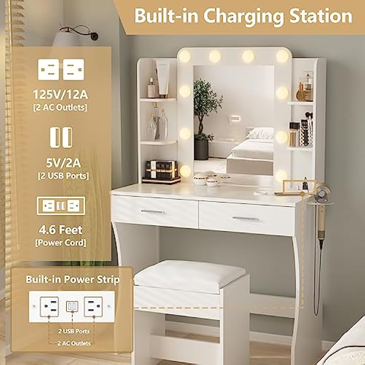 Vabches Vanity Desk with Lights,Makeup Vanity with Power Strip,Dressing Table Set with 2 Large Drawers,Vanity Mirror 3 Lighting Color Adjustable,White