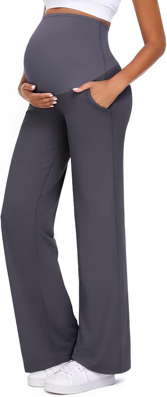 Summer Mae CloudFeel Maternity Pants Over The Belly Pregnancy Yoga Pant with Pockets Stretchy Casual Lounge Wide Leg Trousers