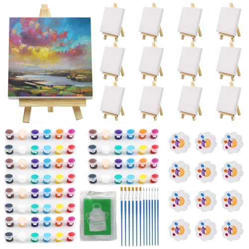 Pacote com 12 kits de pintura de 10 x 10 cm quadros de lona para pintura com pincéis, bandejas de ti