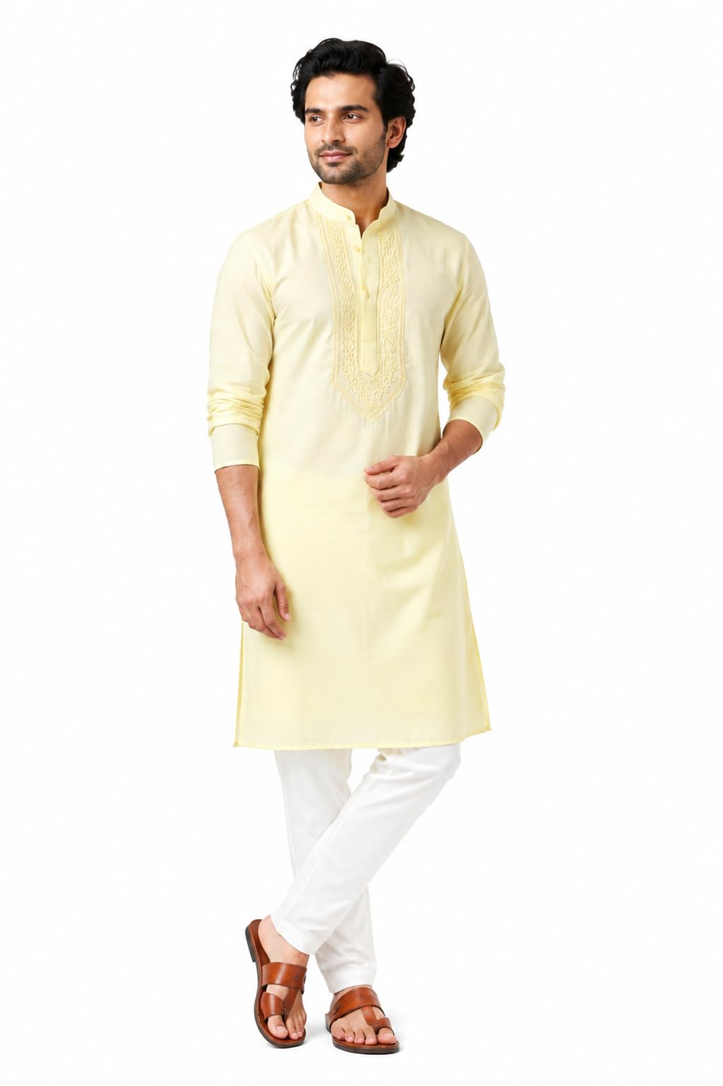 The Kashi House Men's Cotton Regular Fit Casual Mandarin Collar Chikankari Long Kurta | Only Kurta-image-1