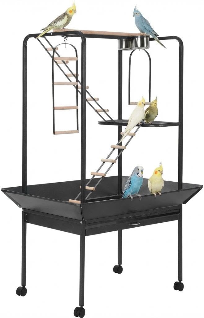 Bird Stand, Bird Playstand for Parrots, Macaws, Parakeets 64" Indoor/Outdoor Bird Activity Center with Perches, Ladders, Ramp, Rotating Ring, Removable Tray & Locking Casters