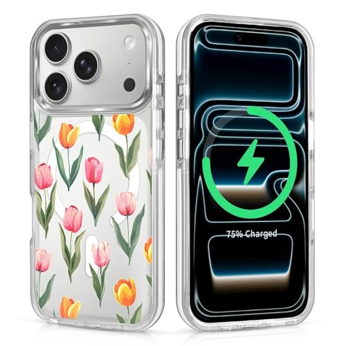 Coque iPhone 17 Pro transparente magnétique antichoc motif fleur tulipe