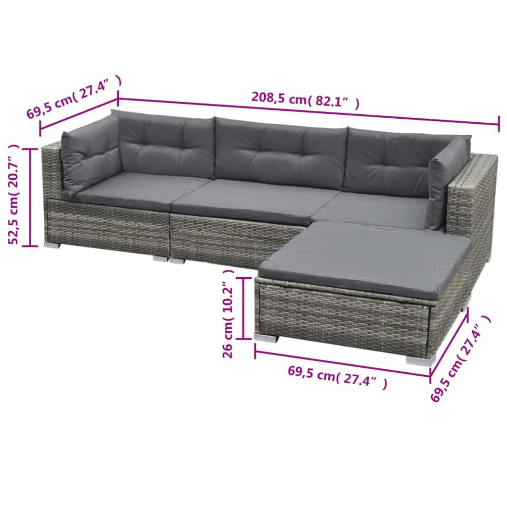 Juego de muebles de jardín modulares de ratán gris de 5 piezas, con sofás, mesa de café y taburetes para terraza y jardín, incluye cojines de asiento y respaldo