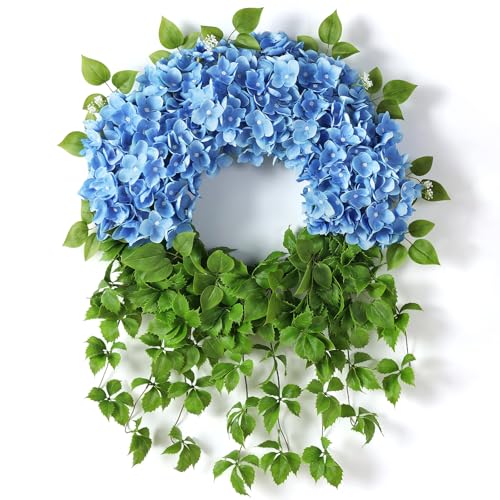 Artificial Hydrangea Wreath for Front Door Outside - Fake Hydrangea Real Touch Ivy, Spring Summer Greenery Flowers Wreath, for Home Mantel Window Farmhouse Decor (23", Blue)