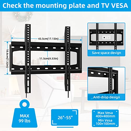 Home Vision Tv Wall Mount Fixed,Low Profile Tv Mount,Wall Mount Tv Bracket For Most 26-55 Inch Tvs With Max Vesa 400X400Mm Up To 99Lbs Fits 16'' Wood Studs,Quick Release Lock #TOP3