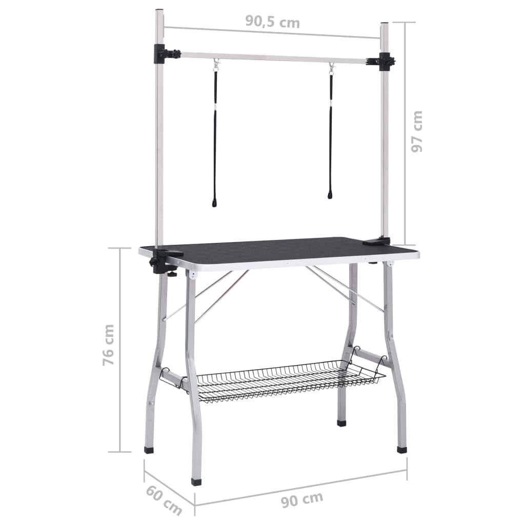 Mangloder - Mesa de corte ajustable para perros, 90 x 60 cm, con 2 trabillas, plegable, para peluquería de perros, antideslizante, acero inoxidable, cesta de almacenamiento