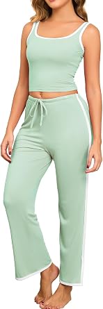YYA Sleeveless Pajamas for Women set Ribbed Pajama Tank&Pants Set Color Block 2 Piece Loungewear Set