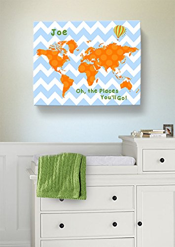 Dr Seuss, Personalized Canvas Nursery Chevron World Map, Customized Baby Name Wall Art Decor, Unique Educational Painting, Memorable Boys & Girls Gift, Giclee Print Stretched on Wood Frame 11X14