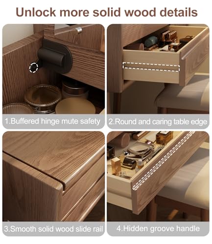 Image of KungFuWood Wood Vanity Desk with Mirror and Lights, Dressing Vanity Table Vanity Set 4 Drawers, 40 Inch Large Make Up Vanity Table Wooden with 3 Lighting Modes Log Color (with Adapter)