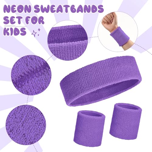 Image of Bememo 36 Pcs Neon Sweatbands Set for Kids 12 Headbands 24 Wristbands Bulk Sports Sweat Bands Athletic for Children Basketball Tennis Running Gym Student Gifts Glow Party