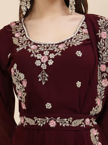 Image of Women's Embroidered Maxi Fit Flared Ethnic Dress Saree Wine