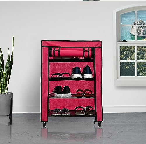 Image of Multi Utility 4 Layer Shelf Collapsible Metal Pipes with Non-Woven 100GSM Fabric Cover for Shoe /Cloth /Toy /Books Rack (Maroon, Metal)