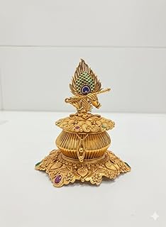 Golden Treasure Antique Gold-Plated Lord Krishna Flute &amp; Peacock Feather Sindoor Box | Handcrafted Brass Kumkum Dibbi with...