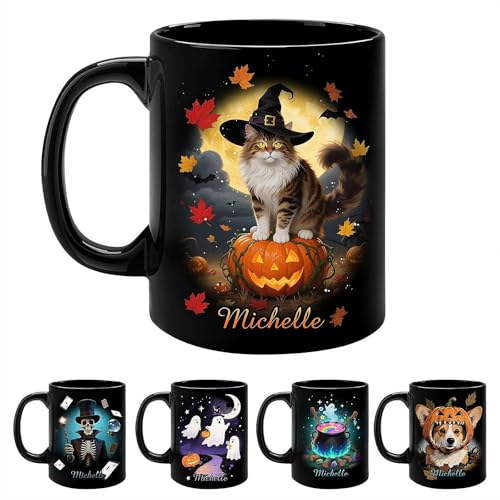 Taza personalizada de gato negro de Halloween – Regalos de gato negro para mujeres amantes, taza de café con nombre personalizado, taza de cerámica para mascotas, regalos de temporada espeluznante