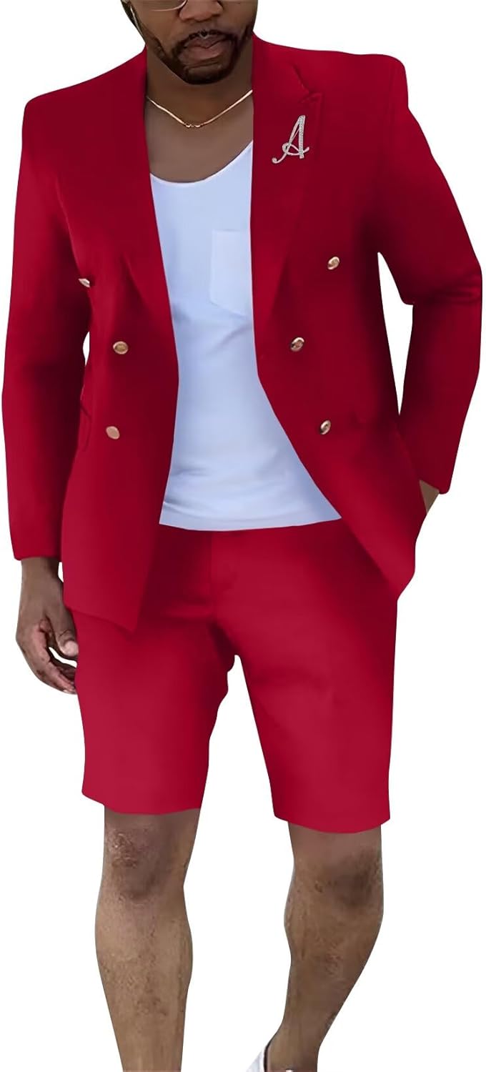 Shorts Suits for Men 2 Piece Slim Fit Double Breasted Tuxedo Peak Lapel Casual Summer Suit for Groom Men Prom Dinner Party