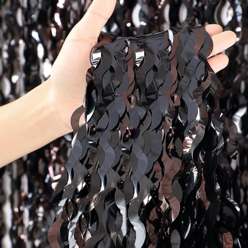 3 Pack New Years Decorations Wavy Black Tinsel Foil Fringe Curtains Party Backdrop 3.3 x 6.6 ft Streamer Backdrop Tinsel Curtains for Birthday, Graduation, Fiesta, Halloween Party Decor