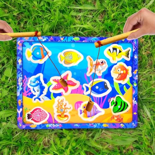 Image of PLUSPOINT 15 Pieces Wooden Magnetic Fishing Game for Kids 12 Fishes 2 Stick 1 Pool Tray Magnet Fish Game Wooden Magnetic Fishing Toys for Kindergarten Preschool Kids Girl Boy (Fish Tray)