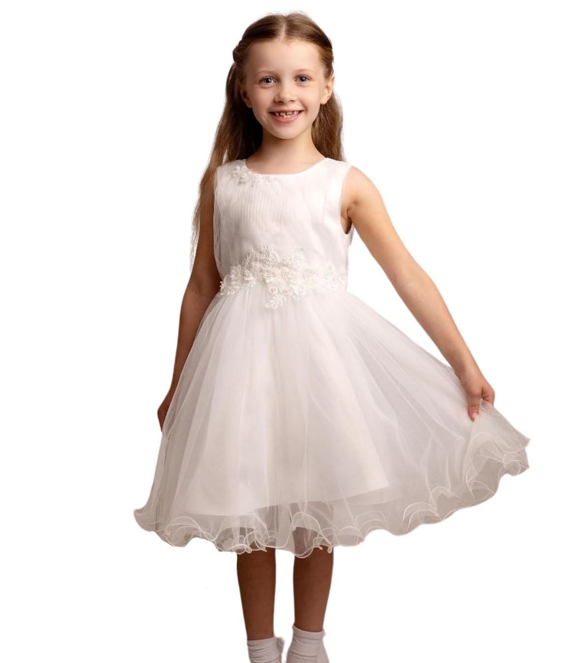 SIRRI Elegantes elfenbeinfarbenes Tüllkleid mit Blumenapplikationen, perfekt für formelle Anlässe