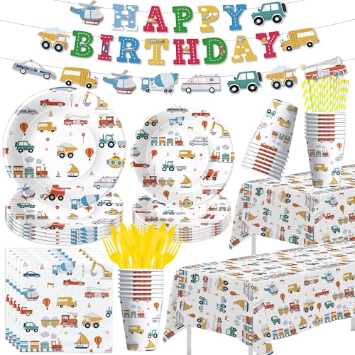 FVABO Transportation Birthday Decorations Traffic Transportation Party Supplies Tableware Plate Napkin Cup Cutlery Tablecloth Banner Truck Car Construction Vehicle Party Decorations Serve 24