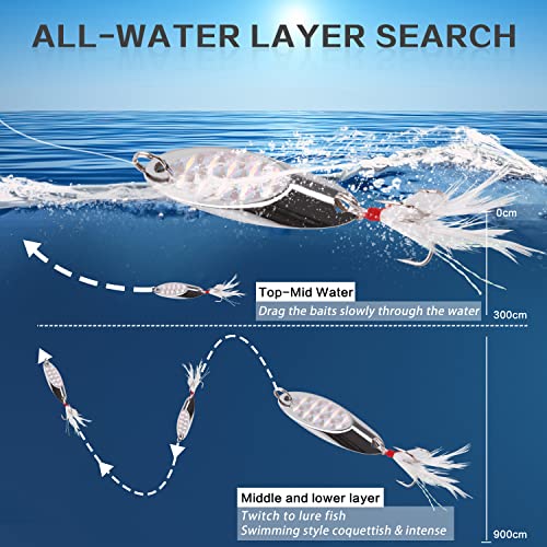 Fishing Spoon Lures Bass Metal Jigs, 5Pcs Jigging Spoons With Feather Tail Treble Hooks Hard Metal Spoon Fishing Lures For Saltwater Freshwater Trout Salmon 0.17Oz-1Oz #TOP4