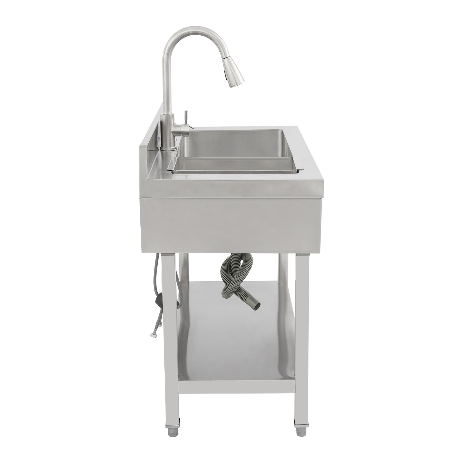 Lavando de acero inoxidable independiente, fregadero individual de cocina rectangular con pedestal, fregadero móvil para cocina, garaje, exterior(90x50x80 cm)