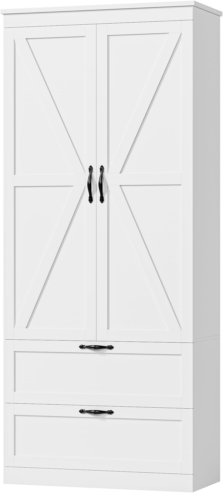 70" Tall Kitchen Pantry Storage, Barn Doors Pantry Cabinet with Drawers and Adjustable Shelf, Modern Farmhouse Storage Cabinet for Kitchen, Dining Room, Living Room, Bathroom, White