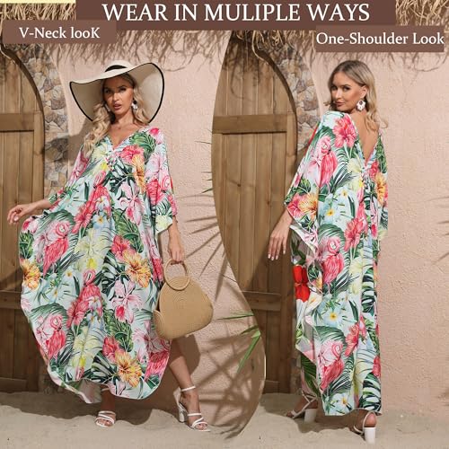 Kaftan Dresses,Colorful Floral Print Cover Ups Maxi Beach Cover Ups Vneck Batwing Sleeve for Women's Swimwear2