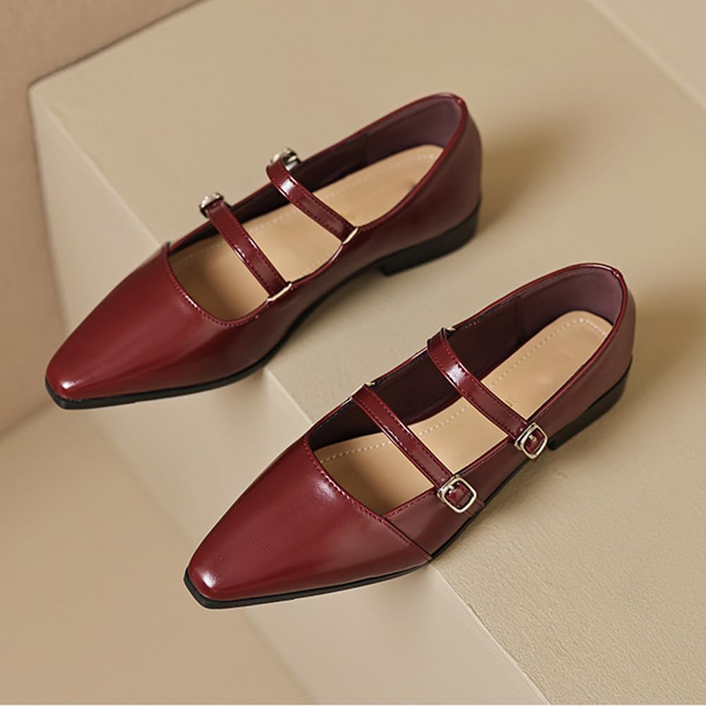 Damskie buty z podwójnym paskiem Mary Jane Flats, szpiczasty nosek z klamrą - dostępne w kolorze morelowym, czarnym i bordowym
