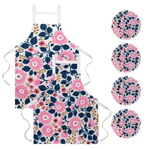Tablier de serveuse a fleurs roses ideal pour le nettoyage de la maison et bar