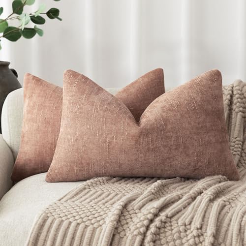 Image of Foindtower Pack of 2 Soft Textured Chenille Throw Decorative Pillow Covers Square Accent Solid Cushion Cover Neutral Lumbar Pillow Case for Couch Sofa Bedroom Living Room 12x20 Inch,Dusty Pink