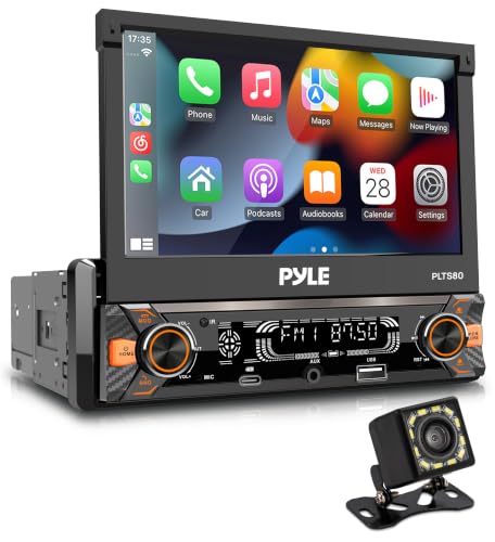 Pyle 7 Single DIN Car Stereo | Apple CarPlay & Android Auto Flip-Out 7-Inch IPS Touchscreen Bluetooth 1080p Backup Camera AM/FM USB 240 W | Single DIN Head Unit Receiver