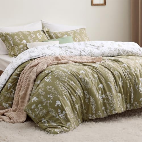 Image of Bedsure Oversized Queen Comforter Set - Olive Green Bed Set, 3 Pieces Cute Floral Bedding, 1 Soft Reversible Botanical Flowers Comforter and 2 Pillow Shams