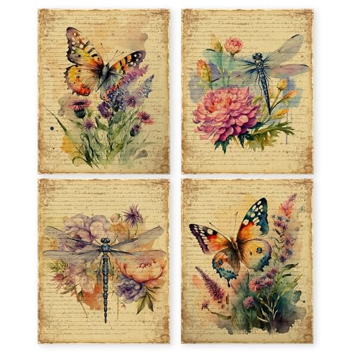 Image of HRQKO Vintage Butterfly Dragonfly Floral Wall Art Poster Prints Set of 4, Dragonfly Wall Decor, Retro Wildflower Artwork Printing Posters Wall Decor, Butterfly Prints for Living Room 8”x10” Unframed