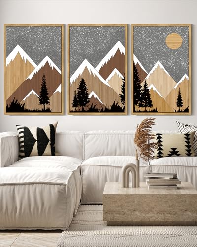 KUVIOKE Morden Mountains Framed Wall Art Boho Pine Tree Forest Nature Landscape Artwork Painting Bohemain Farmhouse Rustic Home Decor 16x24in (Natural Framed) — view 4
