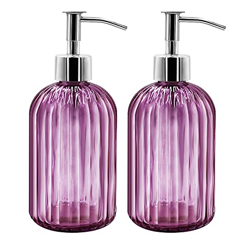 Glass Soap Dispenser With Pump, 400 ml for Dish Washing Liquid, Shampoo and Lotion - Refillable for Kitchen, Bathroom, Laundry Room - Purple, Pack of 2
