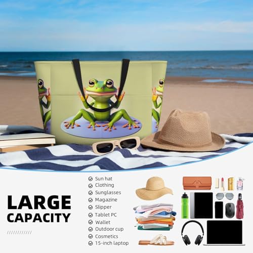 Large Capacity Beach Bag - print Waterproof Travel Bag The funny frog doing yoga Multi-Pocket Tote for Vacation Gym Women 5