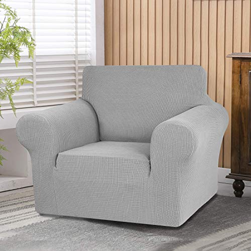 KEKUOU Stretch Single Sofa Slipcover 1 Piece Couch Sofa Cover (31"-55") Furniture Protector 1 Seater Sofa with Elastic Bottom for Kids,Pet.Jacquard Small Checked Pattern Fabric(Small,Silver)