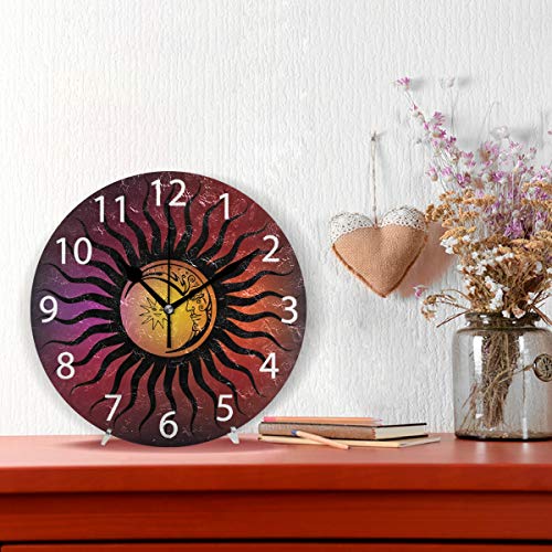 Sun Or Moon Bohemian Design Round Wall Clock, Silent Non Ticking Oil Painting Decorative For Home Office School Clock Art #TOP1
