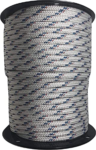 Yacht Braid Premium Polyester Rope 7/16 inch, White with Blue Tracers and Red Fleck (100 feet)