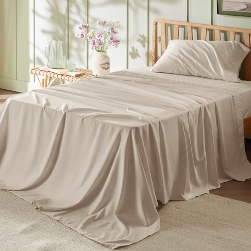 Image of Bedsure Twin Sheets Set - 3 Pieces Soft Twin Bed Sheets - Breathable & Cooling - Hotel Luxury - Easy Care Polyester Microfiber Bedding for Women, Men, Beige