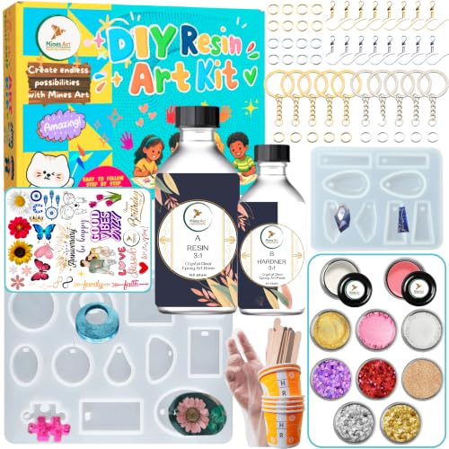 Image of Mines Art Resin Art Kit with Moulds - Complete Resin Jewellery Making Kit for Keychains & Earrings - 200g 3:1 Epoxy Resin, 3 Glitter Colors, 3 Mica, 2 Pigments, Gold & Silver Flakes & More - (MRA - 123)
