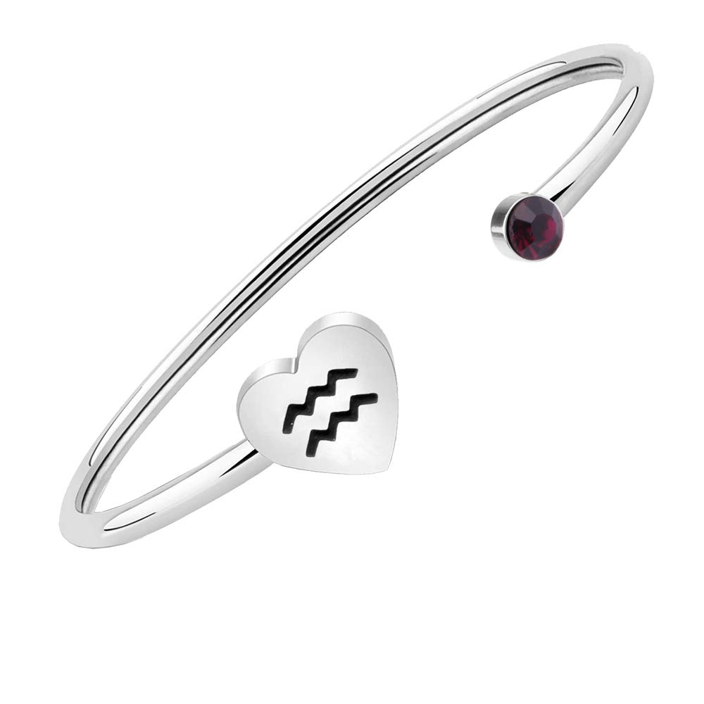 Zodiac Birthstone Bracelet Jewelry Open Cuff Bracelet with Birthstone Birthday Gift for Her (Aquarius)