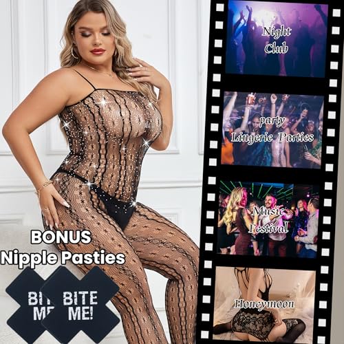 Image of Nimiah Women's Fishnet Sexy Lingerie - Exotic Naughty Bodystockings Plus Size Sparkle Rhinestone Mesh Bodysuit for Nightwear